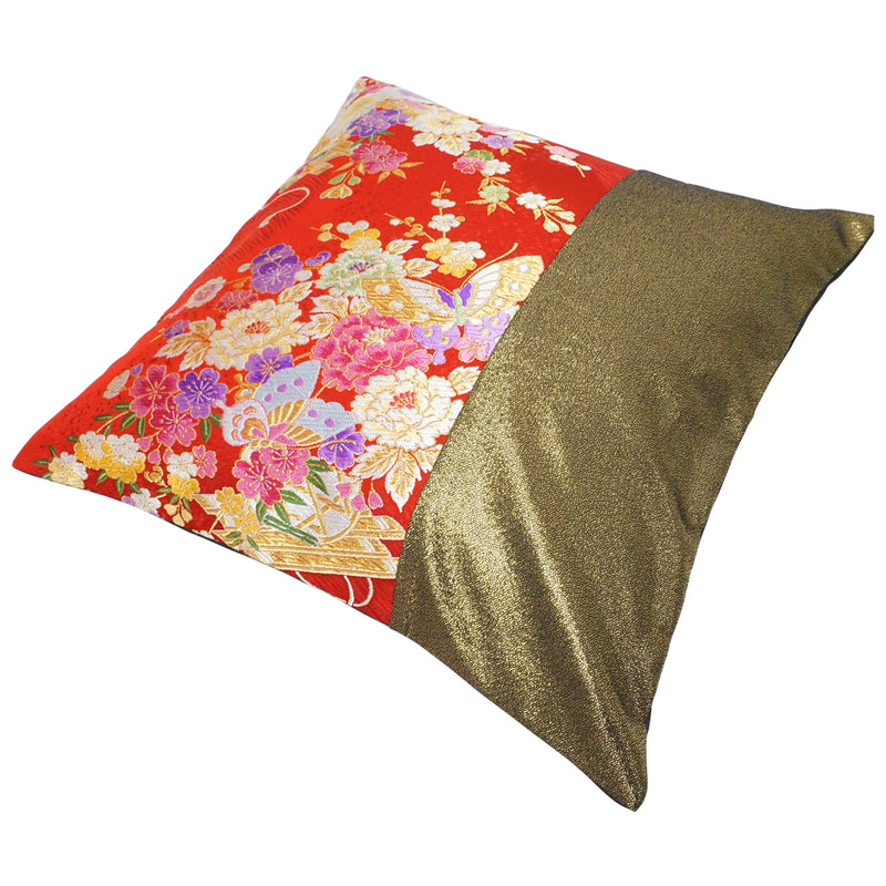 Чехол для подушки изготовлен из высококачественного материала OBI. сделано в Японии. Подушка с японским узором. 17,7×17,7" (45 см) "Цветочный плот / красный / золотой / A"