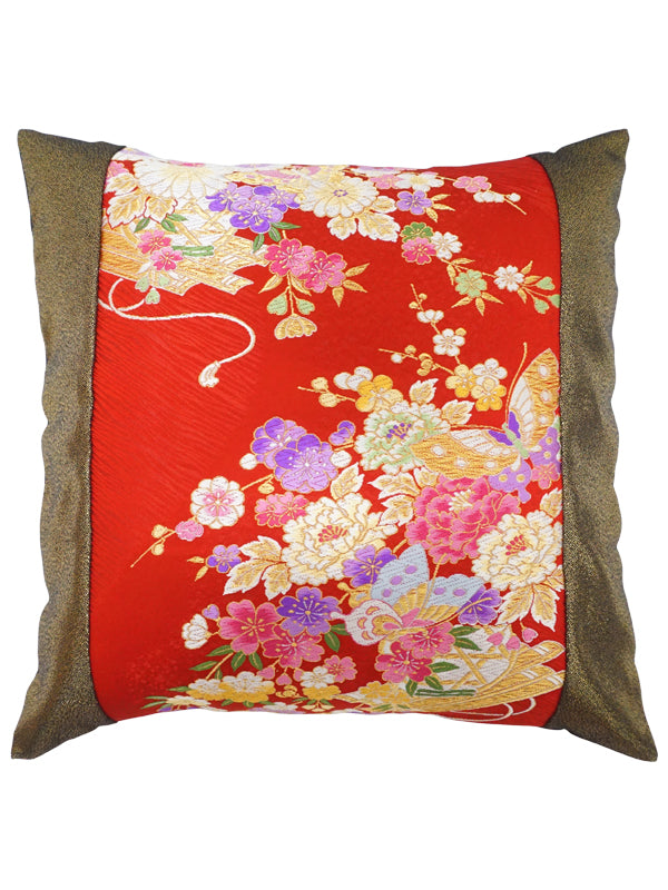 Kissenbezug aus hochwertigem OBI. Hergestellt in Japan. Kissen mit japanischem Muster. 17,7×17,7&quot; (45cm) &quot;Blumenfloß / Rot / Gold / B&quot;