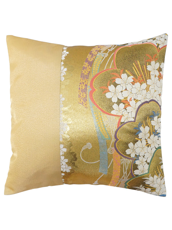 Cushion cover made of high grade OBI. made in Japan. Japanese Pattern Cushion. 17.7×17.7" (45cm) "Cherry Blossoms / Gold / Beige / A"