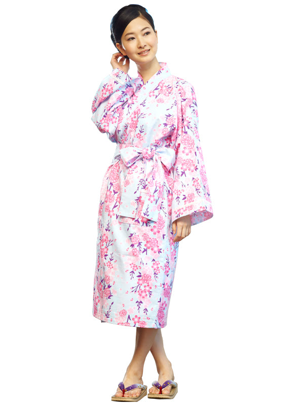 Bathrobe made of YUKATA fabric. women's robe. made in Japan. Midori Yukata "Light Blue Cherry Blossoms / 水色桜"