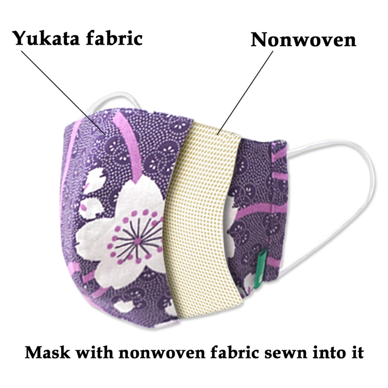 Masque facial en tissu Yukata contenant du non-tissé. fabriqué au Japon. lavable, durable, réutilisable "Taille moyenne / Pivoine violette / 紫牡丹"
