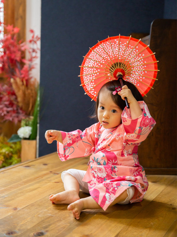 Юката для младенцев. Детская одежда. сделано в Японии. Мидори Юката. "Плот из розовых цветов / ピンク花筏".