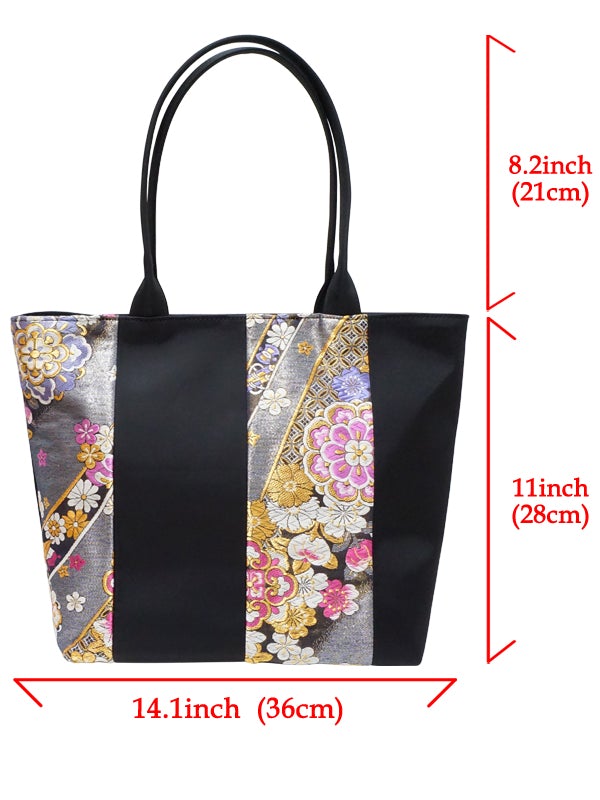 Patchwork Tote Bag made of high grade OBI. made in Japan. Hand & Shoulder Bags for Ladies, one of a kind "桜流水 / ゴールド"