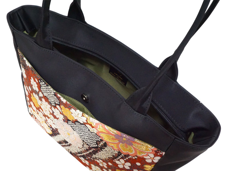 Tote Bag made of high grade OBI. made in Japan. Hand & Shoulder Bags for Ladies, one of a kind "桜流水 / 紅"