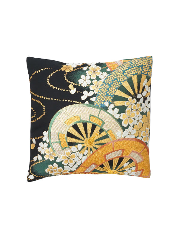 Cushion cover made of high grade OBI. made in Japan. Japanese Pattern Cushion. 11.8×11.8" (30cm) "花に源氏車輪"