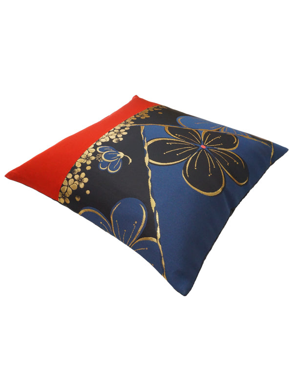 Funda de cojín hecha de OBI de alta calidad. Hecho en Japón. Cojín con patrón japonés. 17.7×17.7" (45cm) "Flores de Cerezo / Rojo / Azul Marino"