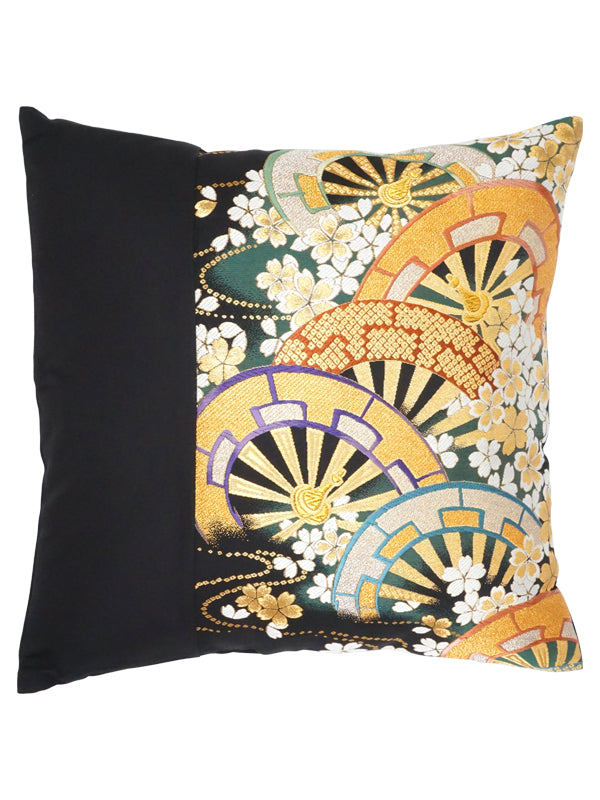 Cushion cover made of high grade OBI. made in Japan. Japanese Pattern Cushion. 17.7×17.7" (45cm) "花に源氏車輪"