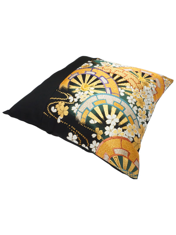 Cushion cover made of high grade OBI. made in Japan. Japanese Pattern Cushion. 17.7×17.7" (45cm) "花に源氏車輪"