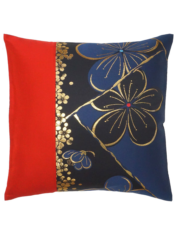 Cushion cover made of high grade OBI. made in Japan. Japanese Pattern Cushion. 17.7×17.7" (45cm) "Cherry Blossoms / Red / Navy"