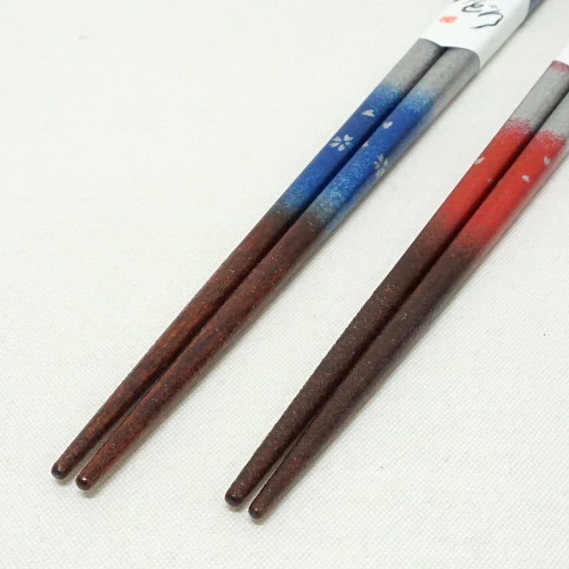 Палочки для еды 2 шт. сделаны в Японии. 9,1" (23 см) и 8,3" (21 см) "Цветение сакуры / синий и красный".