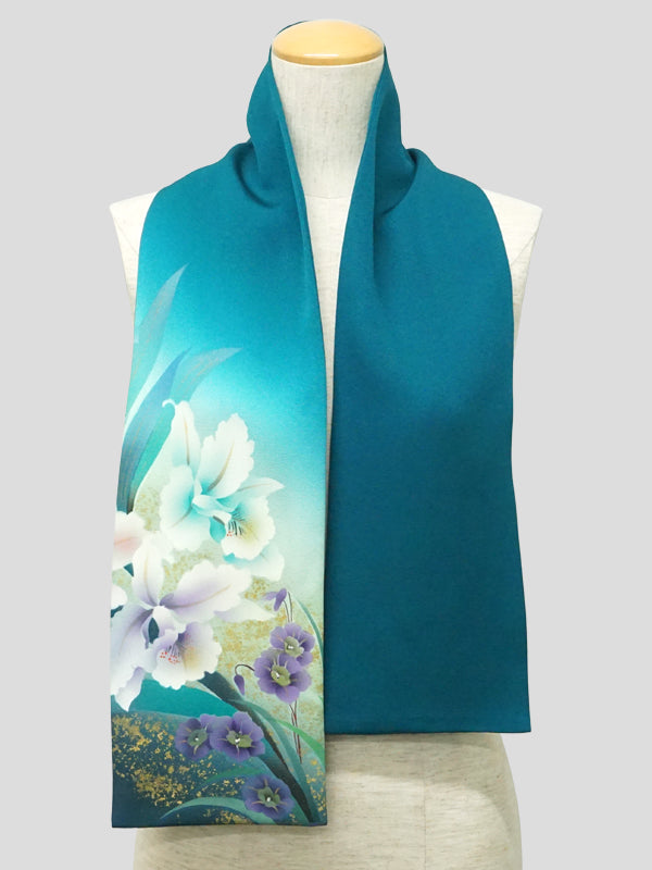 KIMONO scarf. Japanese pattern shawl for women, Ladies made in Japan. "Cattleya / Viridian Green"