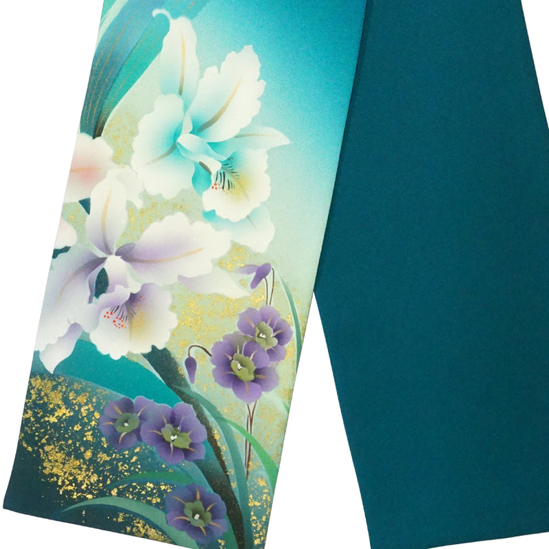 KIMONO scarf. Japanese pattern shawl for women, Ladies made in Japan. "Cattleya / Viridian Green"