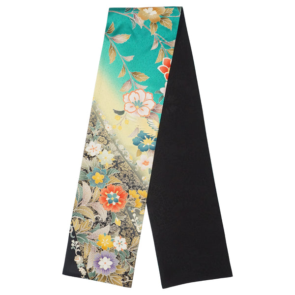 KIMONOのスカーフ。和柄ショール 女性用 レディース 日本製"花／エメラルドグリーン"