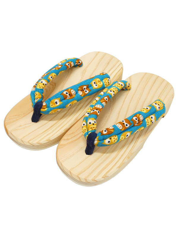 Wooden Sandals for Children Kids Boys Shoes "HITA GETA" made in Japan. "Blue / Owl"
