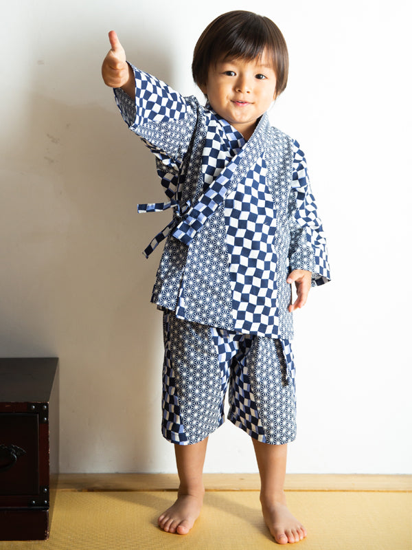 Jinbei for Children. made in Japan. Midori Yukata "Hemp Leaf & Checkered Patten / 麻の葉市松"