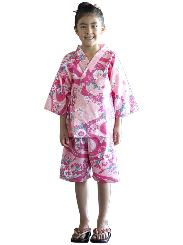 儿童金杯。日本制造。绿浴衣「粉红花筏 / ピンク花筏」