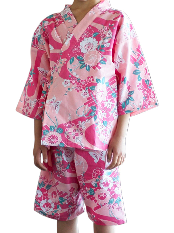日本製の子供用甚平。みどりゆかた "ピンクの花筏"