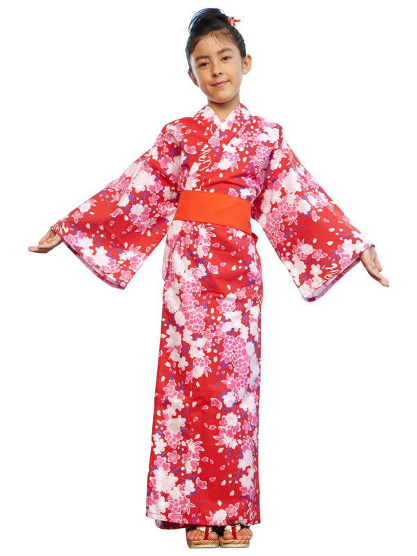帯付きの浴衣です。子供、子供、女の子向け。日本製 みどりゆかた「紅桜・赤桜」