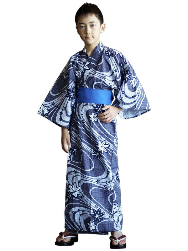 帯付きの浴衣です。子供、子供、男の子向け。日本製 みどりゆかた「紺流水/紺流水」