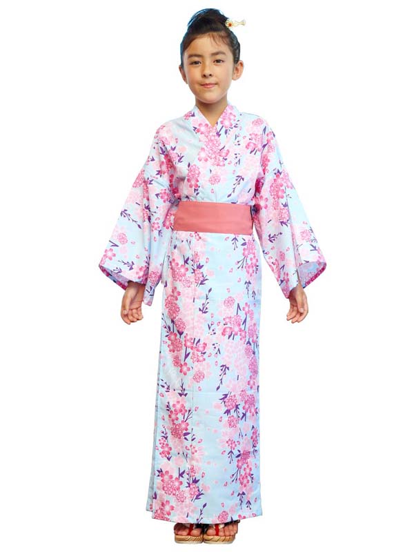 Yukata with sash belt. for Children Kids Girls. made in Japan Midori Yukata "Light Blue Cherry Blossoms / 水色桜"