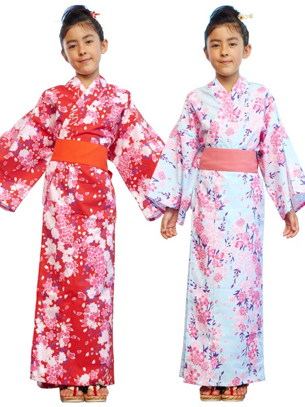 帯付きの浴衣です。子供、子供、女の子向け。日本製 みどりゆかた「紅桜・赤桜」