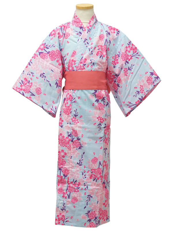 帯付きの浴衣です。子供、子供、女の子向け。日本製 みどりゆかた「水色桜/水色桜」