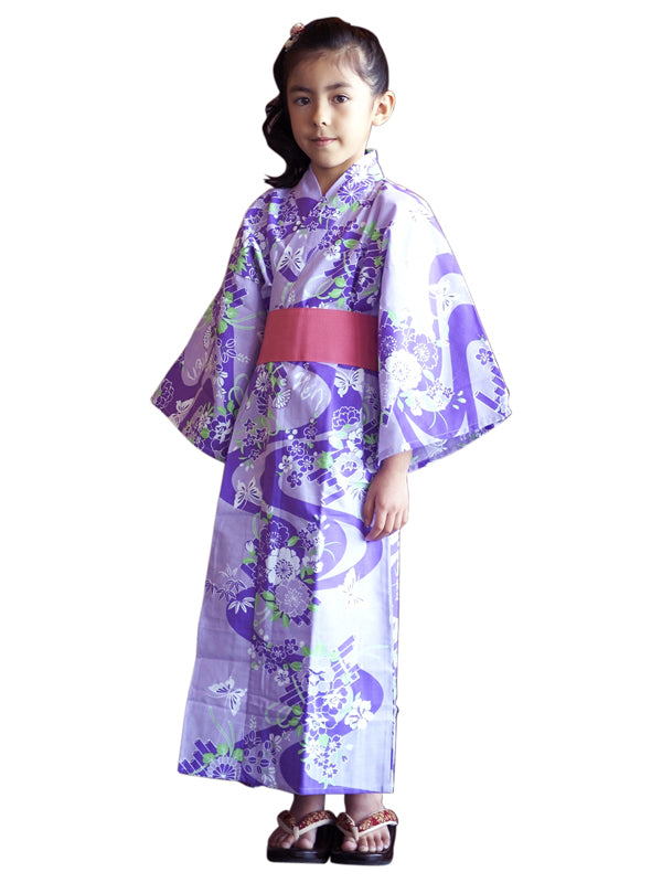 Юката с поясом. для детей. для девочек. сделано в Японии Midori Yukata "Purple Flower Raft / 紫花筏"