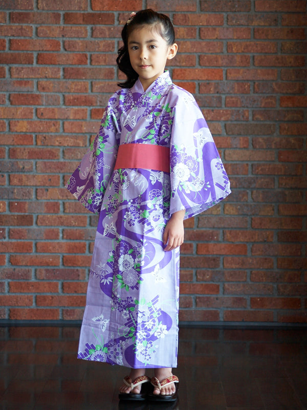 帯付きの浴衣です。子供、子供、女の子向け。日本製 みどりゆかた「紫花筏/紫花筏」