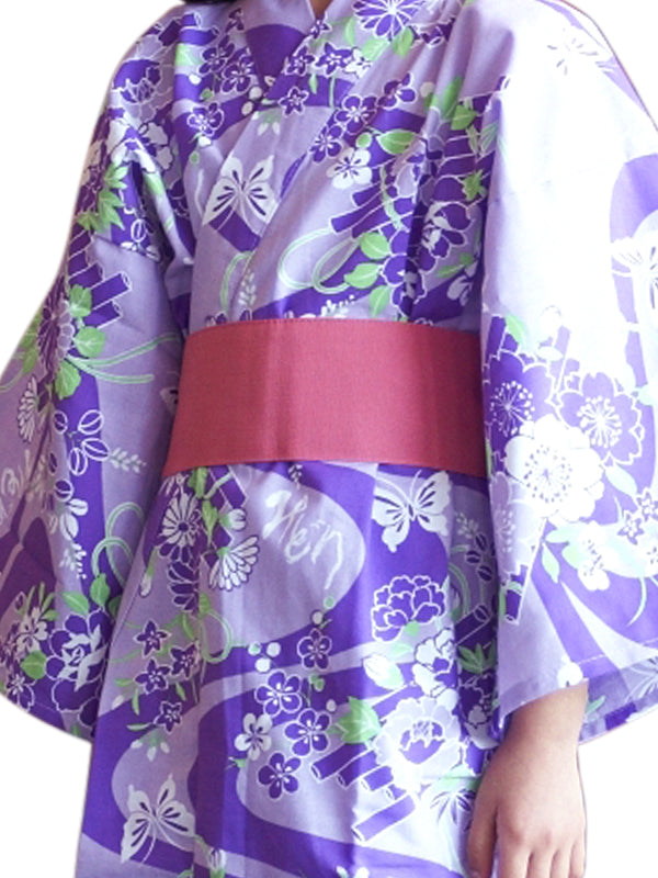 带腰带的浴衣。适合儿童、儿童、女孩。日本制造 Midori 浴衣「Purple Flower Raft / 紫花筏」