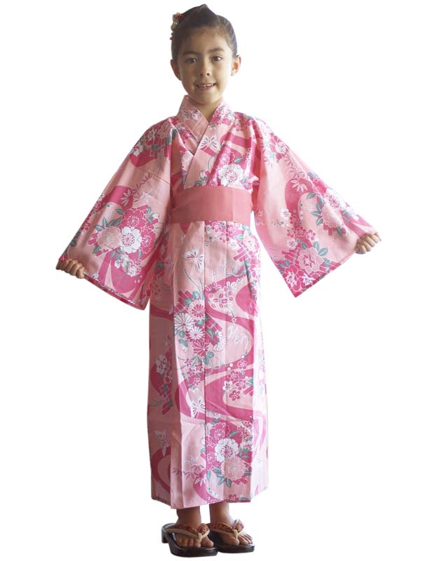 浴衣，带腰带。儿童儿童女孩。日本制造。Midori浴衣 "粉色花筏/ピンク花筏"