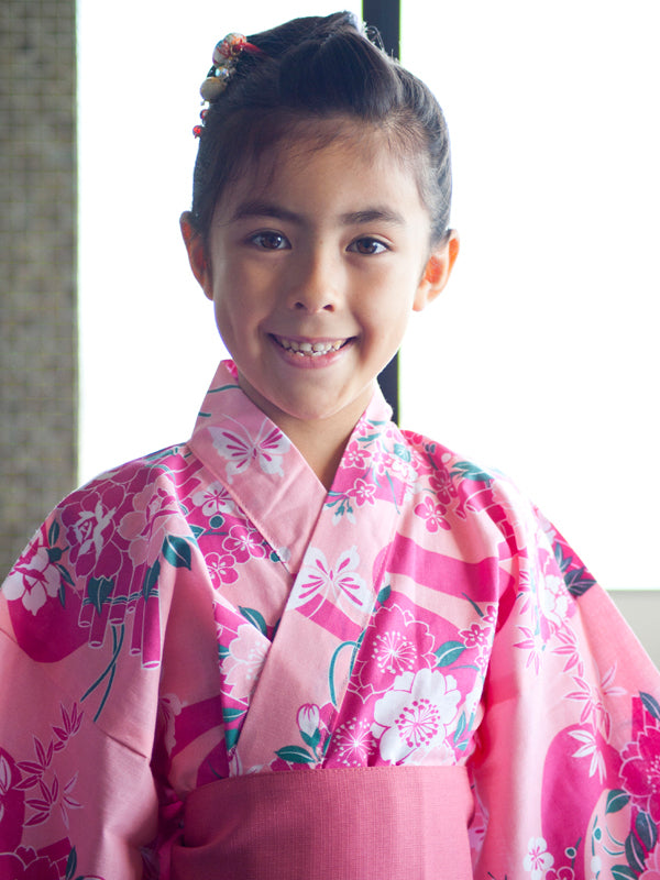 Yukata con cintura a fascia. per bambini, bambine e ragazze. made in Japan Midori Yukata "Pink Flower Raft / ピンク花筏".