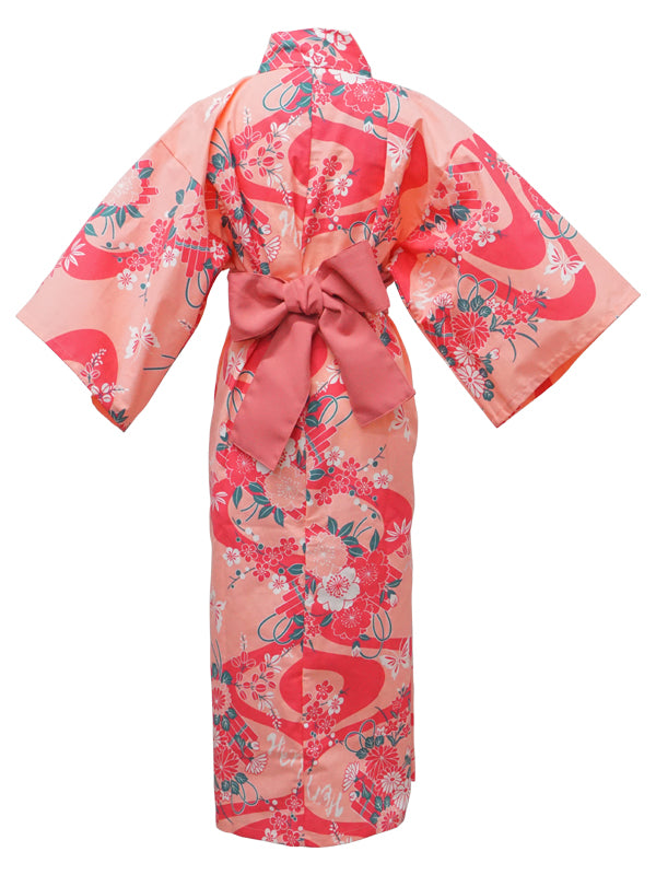 带腰带的浴衣。适合儿童、儿童、女孩。日本制造 Midori 浴衣「Pink Flower Raft / ピンク花筏」