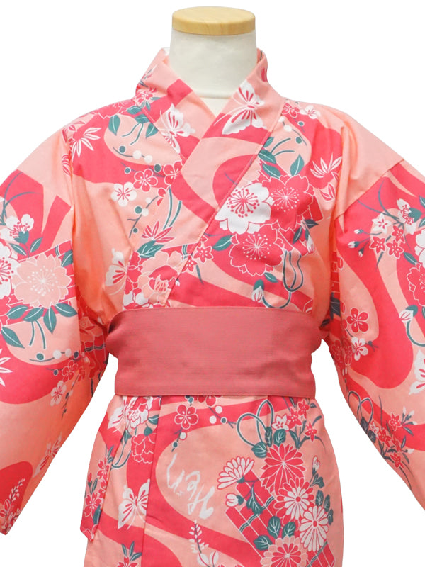 Yukata con cinturón de fajín. para Niños Niñas. hecho en Japón Midori Yukata "Balsa Floral Rosa / ピンク花筏"