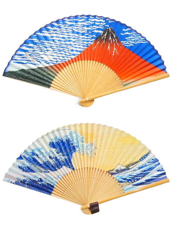 折叠扇。双面设计，在日本京都制造。日本手摇扇。"红色-富士山和暴力浪潮/赤富士.荒波1393"