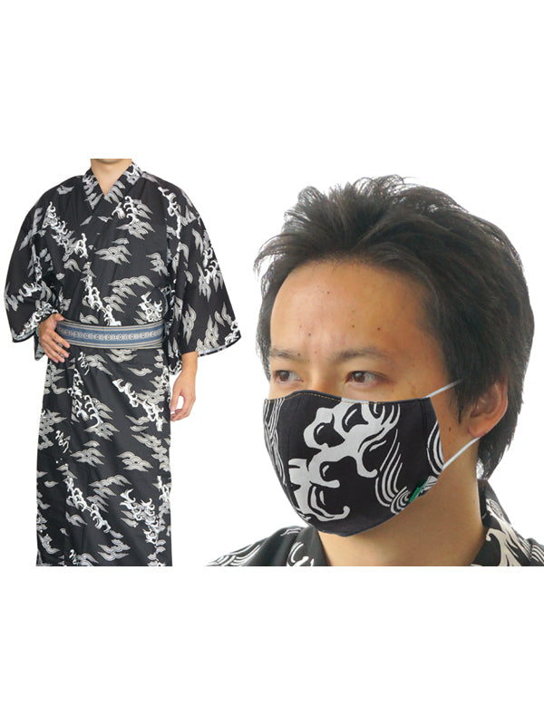Face mask made of Yukata fabric containing nonwoven fabric. made in Japan. washable, durable, reusable "Large Size / Violent Waves / 黒波"