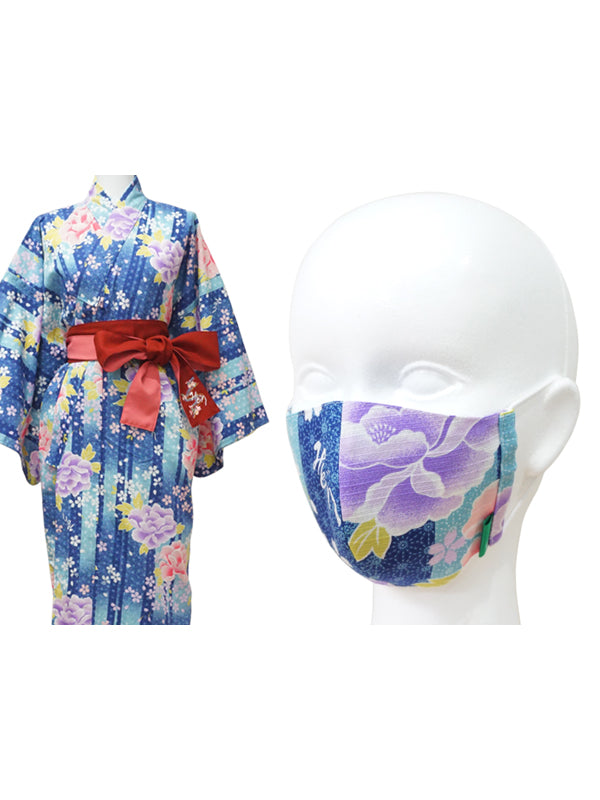 Face mask made of Yukata fabric containing nonwoven fabric. made in Japan. washable, durable, reusable "Medium Size / Blue Peony / 青牡丹"