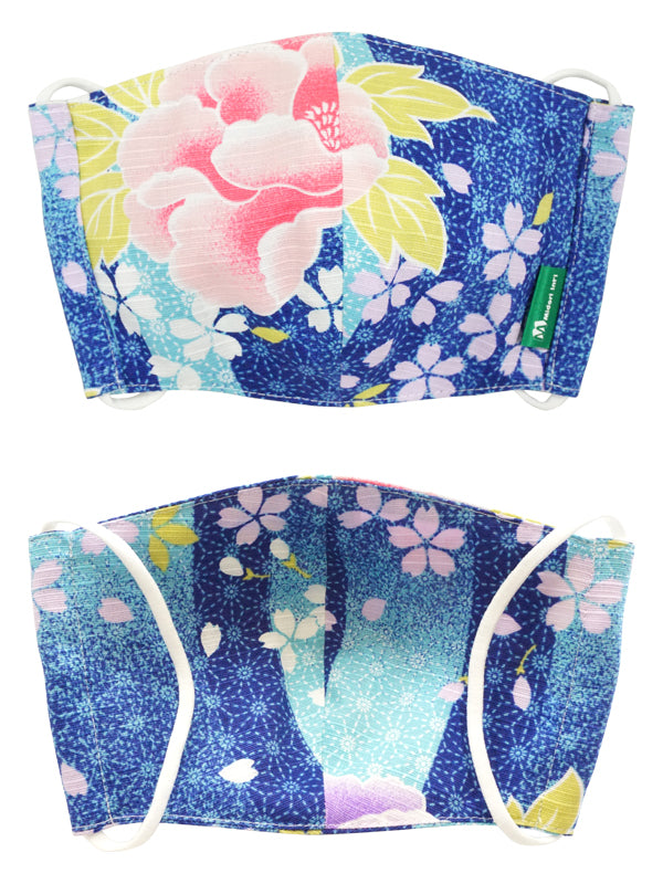 Маска для лица из ткани юката с содержанием нетканого материала. сделано в Японии. моющаяся, прочная, многоразовая "Средний размер / Голубой пион / 青牡丹"