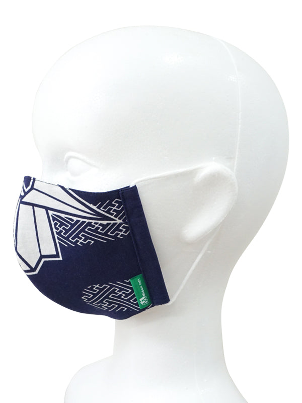 Face mask made of Yukata fabric containing nonwoven fabric. made in Japan. washable, durable, reusable "Large Size / Navy Paper Crane / 紺折鶴"