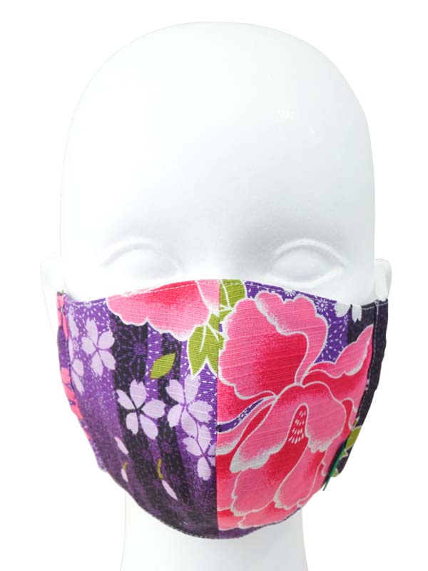 Face mask made of Yukata fabric containing nonwoven fabric. made in Japan. washable, durable, reusable "Medium Size / Purple Peony / 紫牡丹"