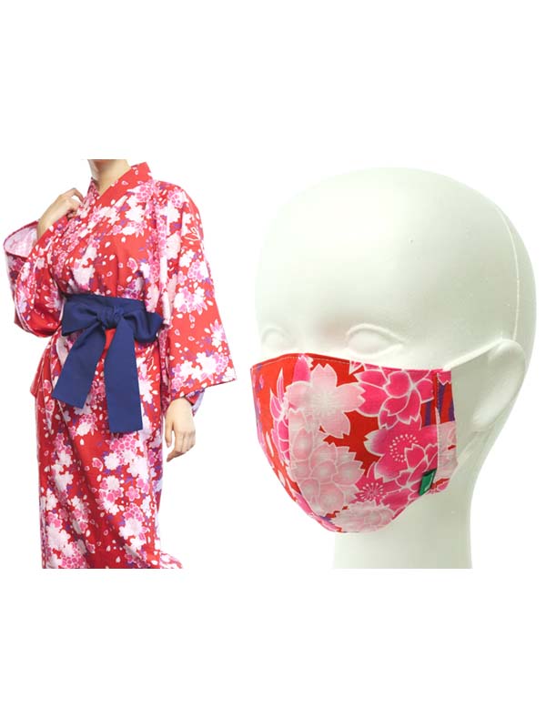 含有无纺布的浴衣面料制成的面罩。日本制造。可清洗，耐用，可重复使用。"中等尺寸/红樱花/赤桜"
