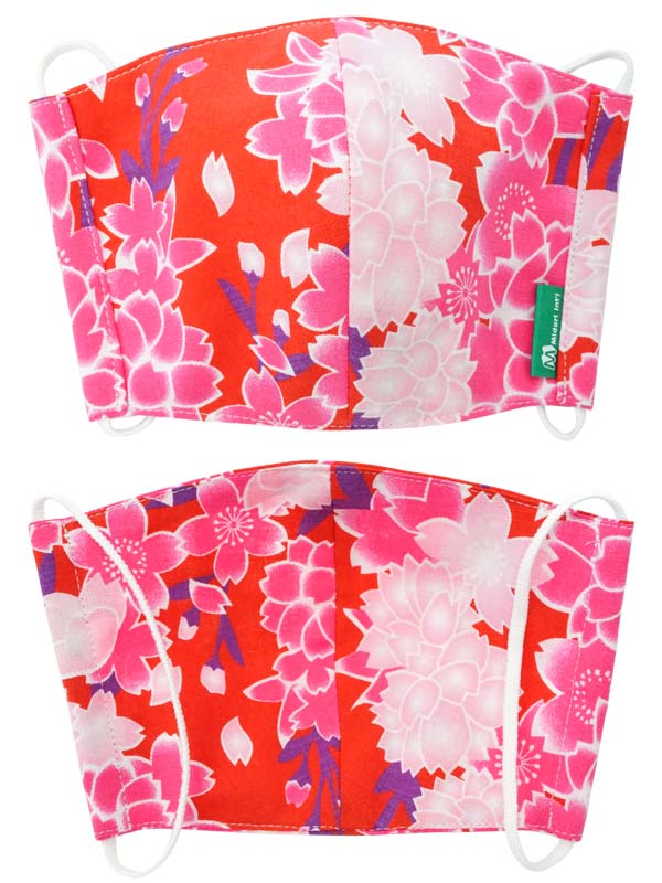 Маска для лица из ткани юката, содержащей нетканое полотно. сделано в Японии. моющаяся, прочная, многоразовая "Средний размер / Красные цветы сакуры / 赤桜"