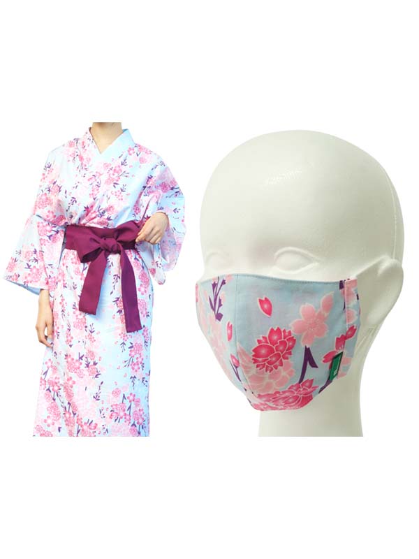 含有无纺布的浴衣面料制成的面罩。日本制造。可清洗，耐用，可重复使用。"中等尺寸/浅蓝色樱花/水色桜"