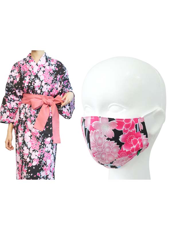 Face mask made of Yukata fabric containing nonwoven fabric. made in Japan. washable, durable, reusable "Medium Size / Black Cherry Blossoms / 黒桜"