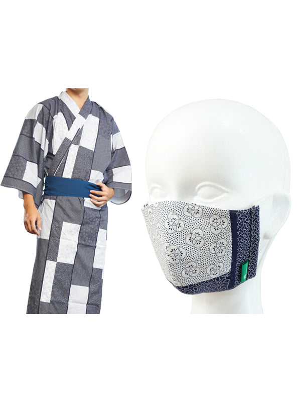 日本製 洗える 丈夫で繰り返し使える "大きいサイズ / KOMON / 小紋" 浴衣生地でできた不織布製フェイスマスク