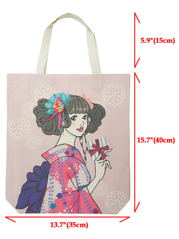 トートバッグ、日本製。帆布生地の着物女子エコバッグ。"大きいサイズ／ピンク"