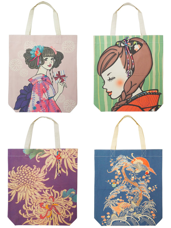 Tote bag. made in Japan. Canvas fabric Kimono girl eco-bag. "Large size / Green"