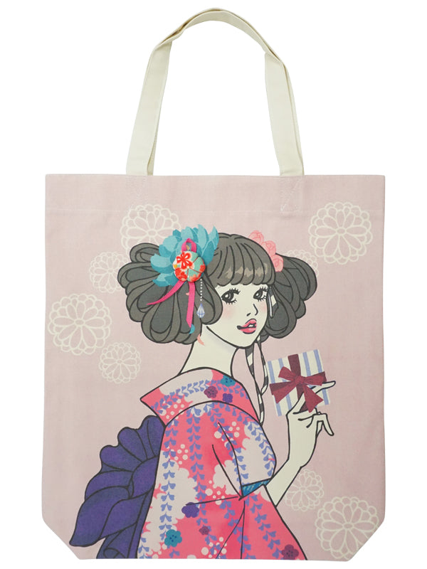 手提袋。日本制造。帆布面料和服女孩环保袋。"大尺寸/粉红色"