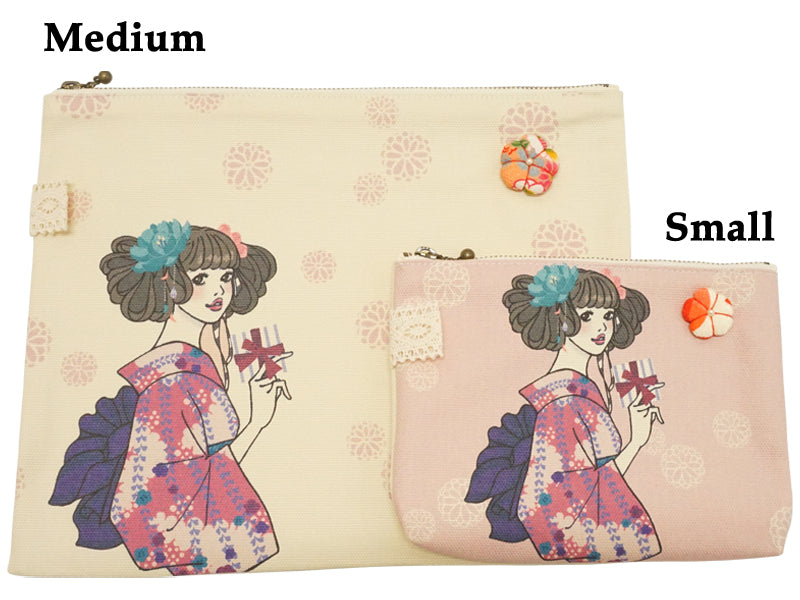 免费的箱子。帆布面料。日本制造。和服女孩多用迷你小包。"小尺寸/米色"