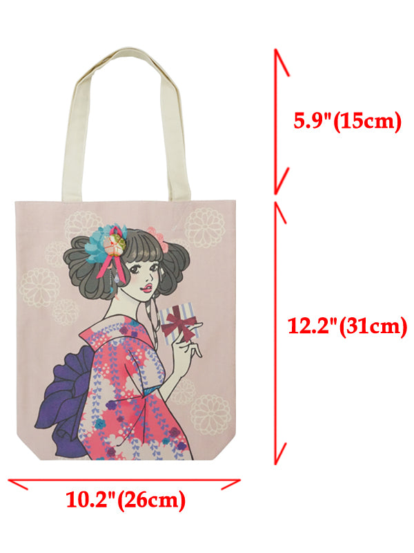 Tote bag. made in Japan. Canvas fabric Kimono girl eco-bag. "Medium size / Red"