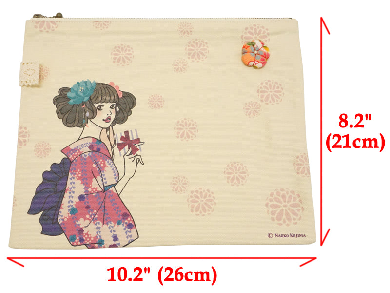 Custodia gratuita. Tessuto di tela. prodotto in Giappone. Astuccio multi lettera Kimono girl. "Dimensione media / Beige